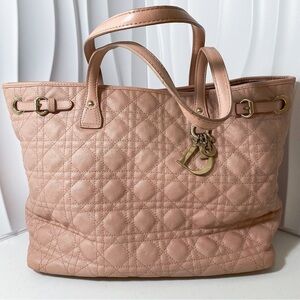 DIOR Lady Dior Tote Bag Blush Pink Cannage Quilted Canvas Gold Hardware